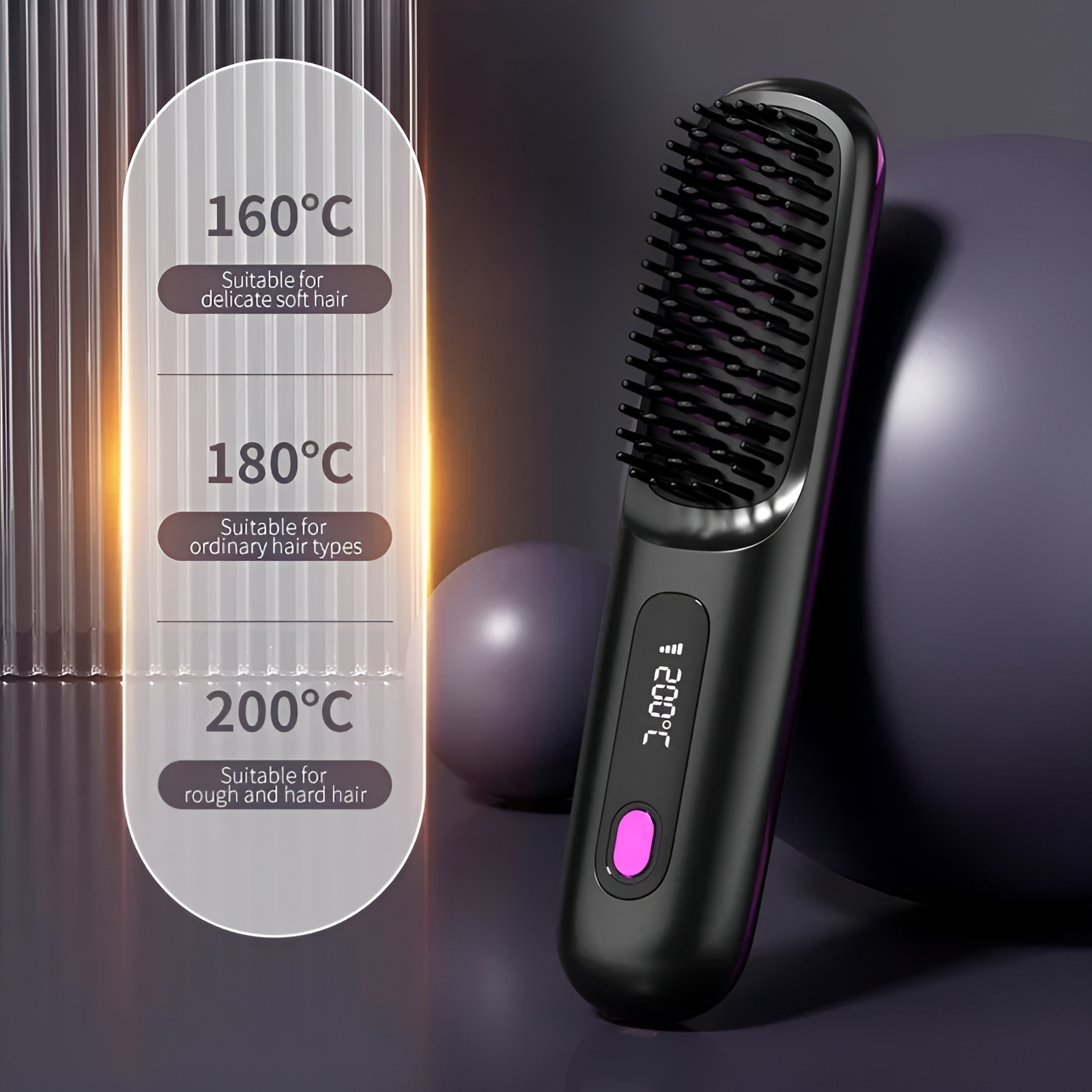 Adjustable temperature settings.  160 degrees Celsius - suitable for delicate soft hair. 180 degrees Celsius - suitable for ordinary hair types. 200 degrees Celsius - suitable for rough and hard hair.